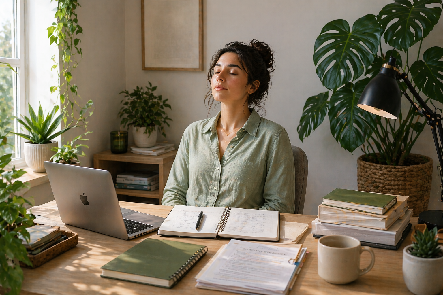 A woman at work calming her nervous system to create sustainable performance