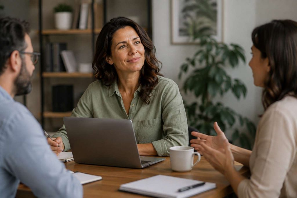 A woman with body awareness during a meeting. 
